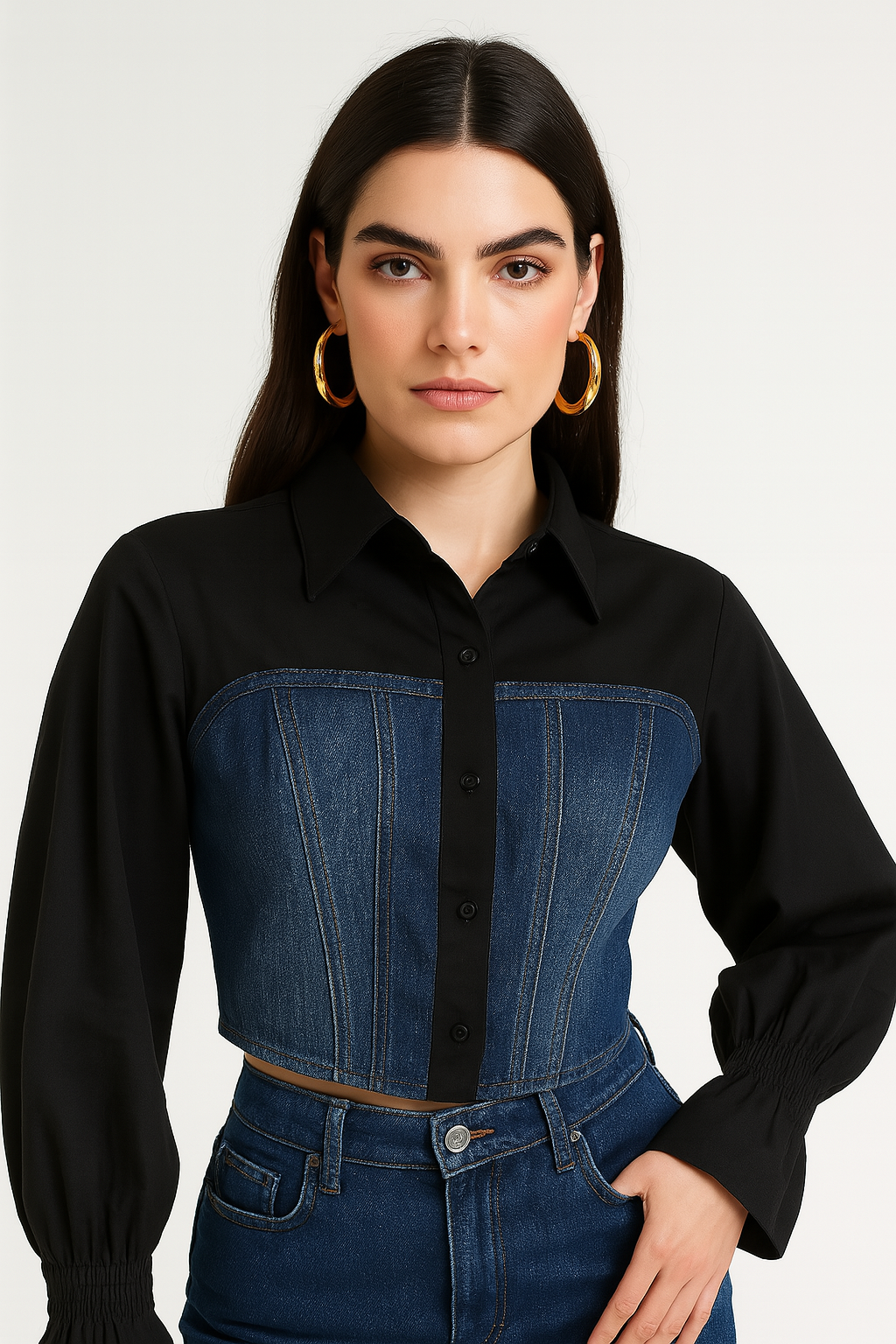 Women's Black & Blue Colorblock Denim Panel Shirt Crop Top