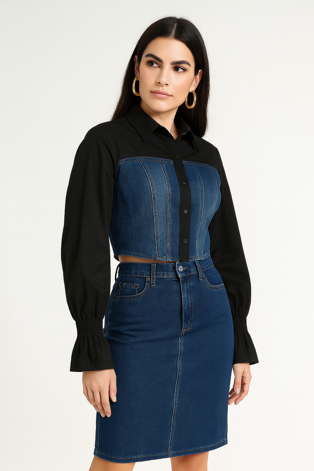 Women's Black & Blue Colorblock Denim Panel Shirt Crop Top