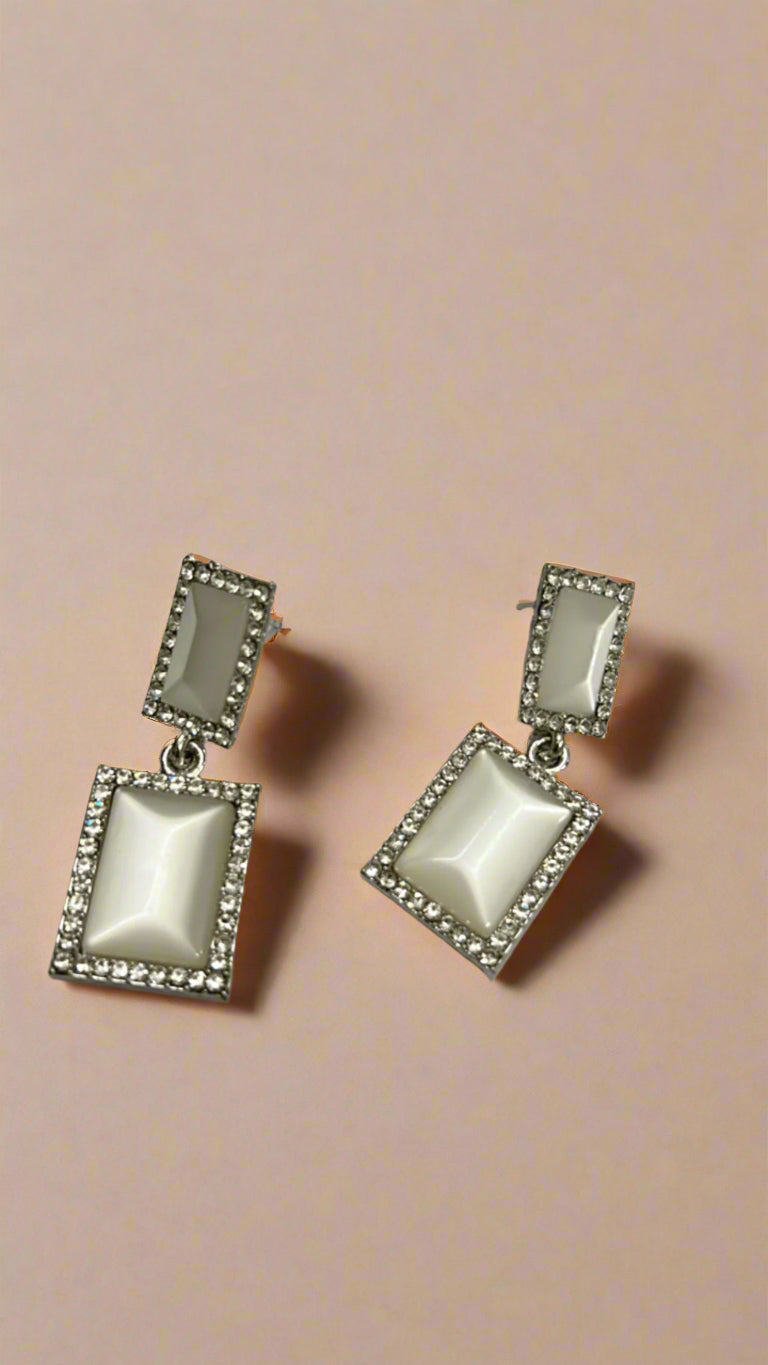 Elegant White Gemstone Square Drop Earrings
