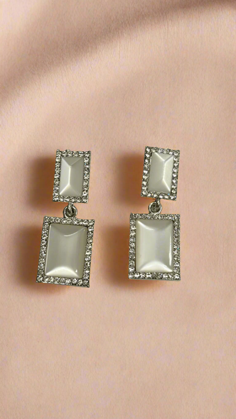 Elegant White Gemstone Square Drop Earrings