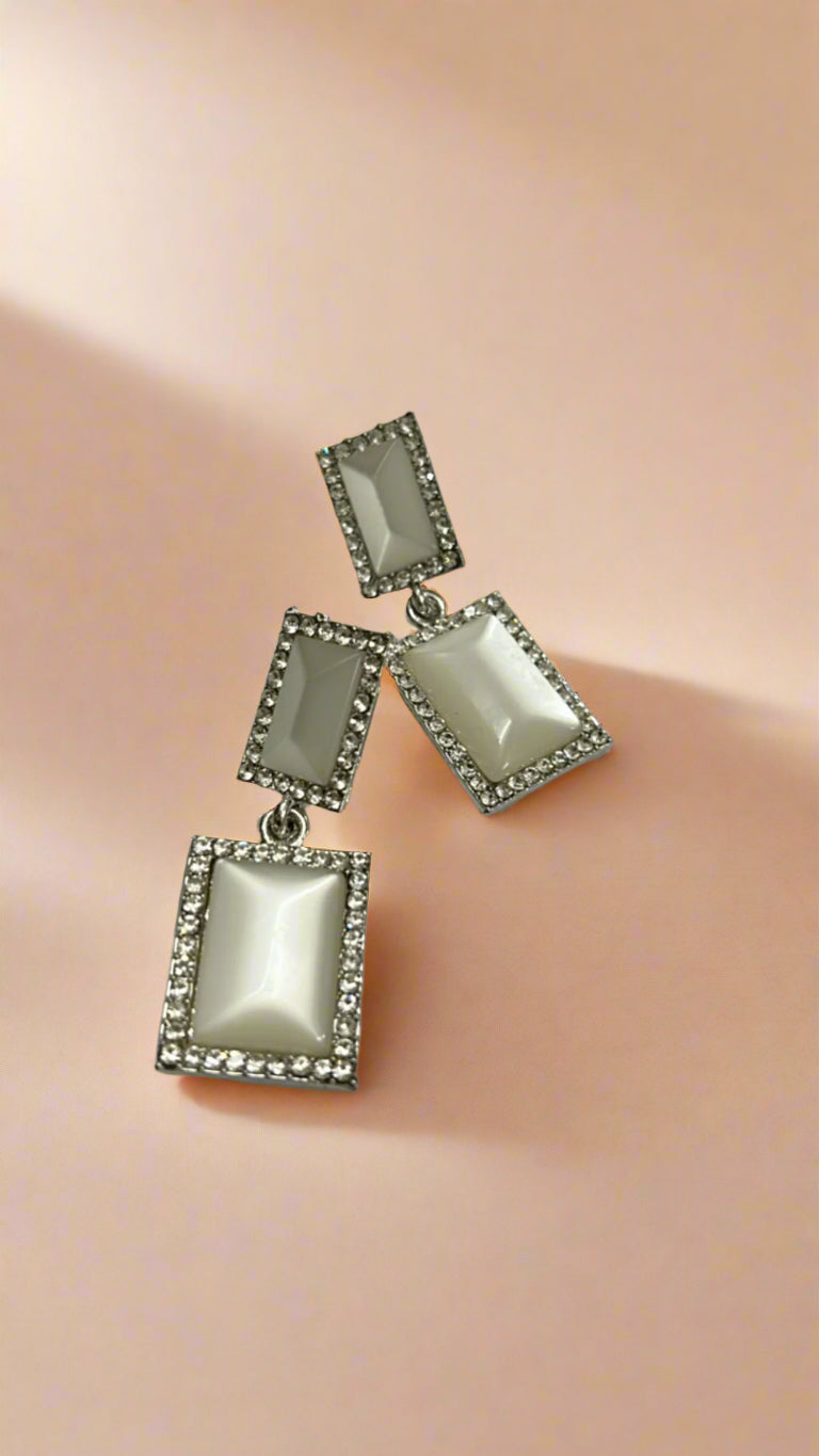 Elegant White Gemstone Square Drop Earrings