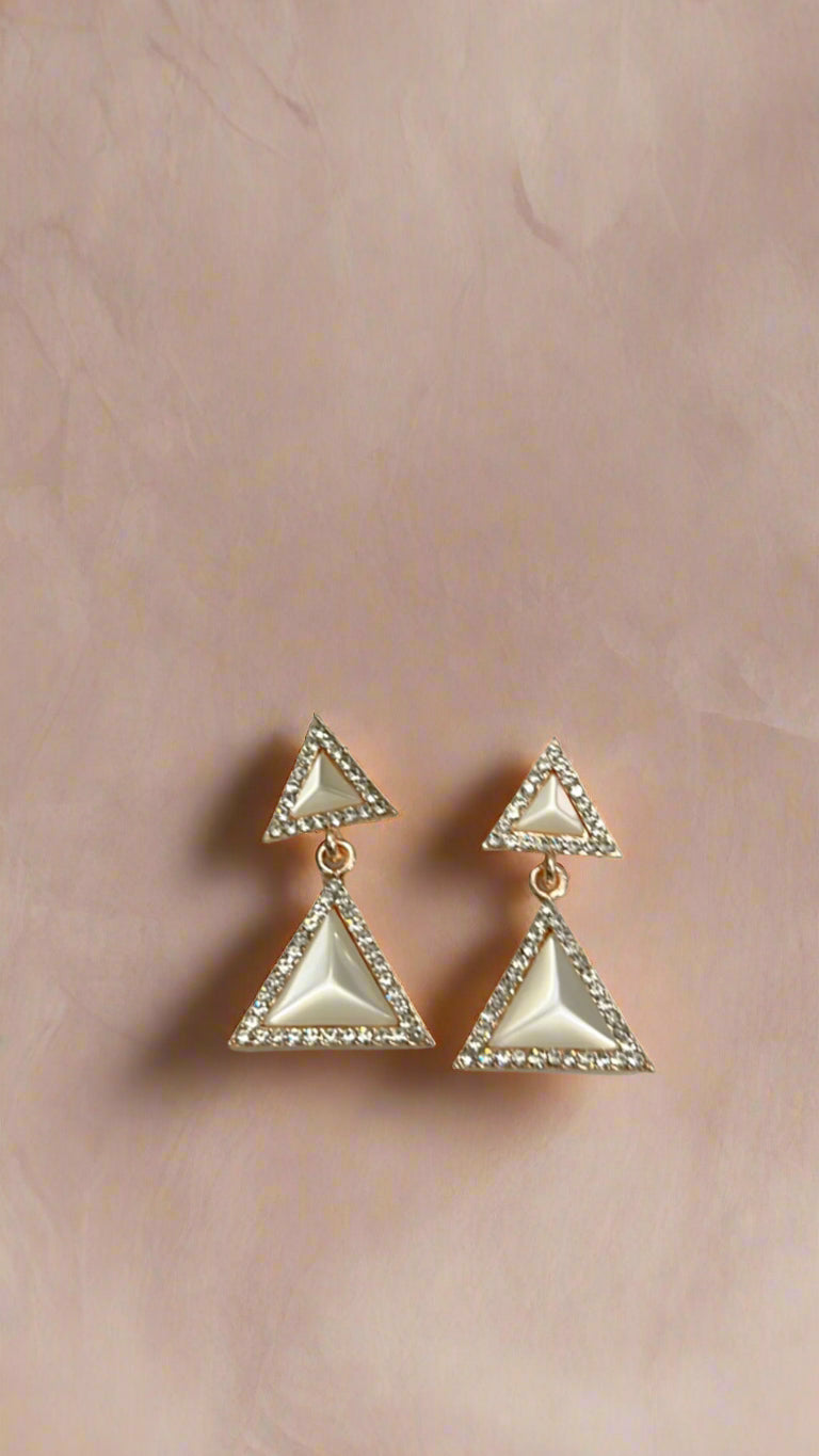 Chic Triangle Drop Earrings with White Gemstone and Crystal Border