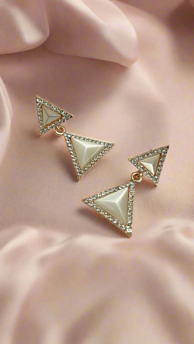 Chic Triangle Drop Earrings with White Gemstone and Crystal Border