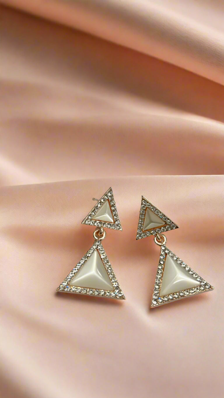 Chic Triangle Drop Earrings with White Gemstone and Crystal Border