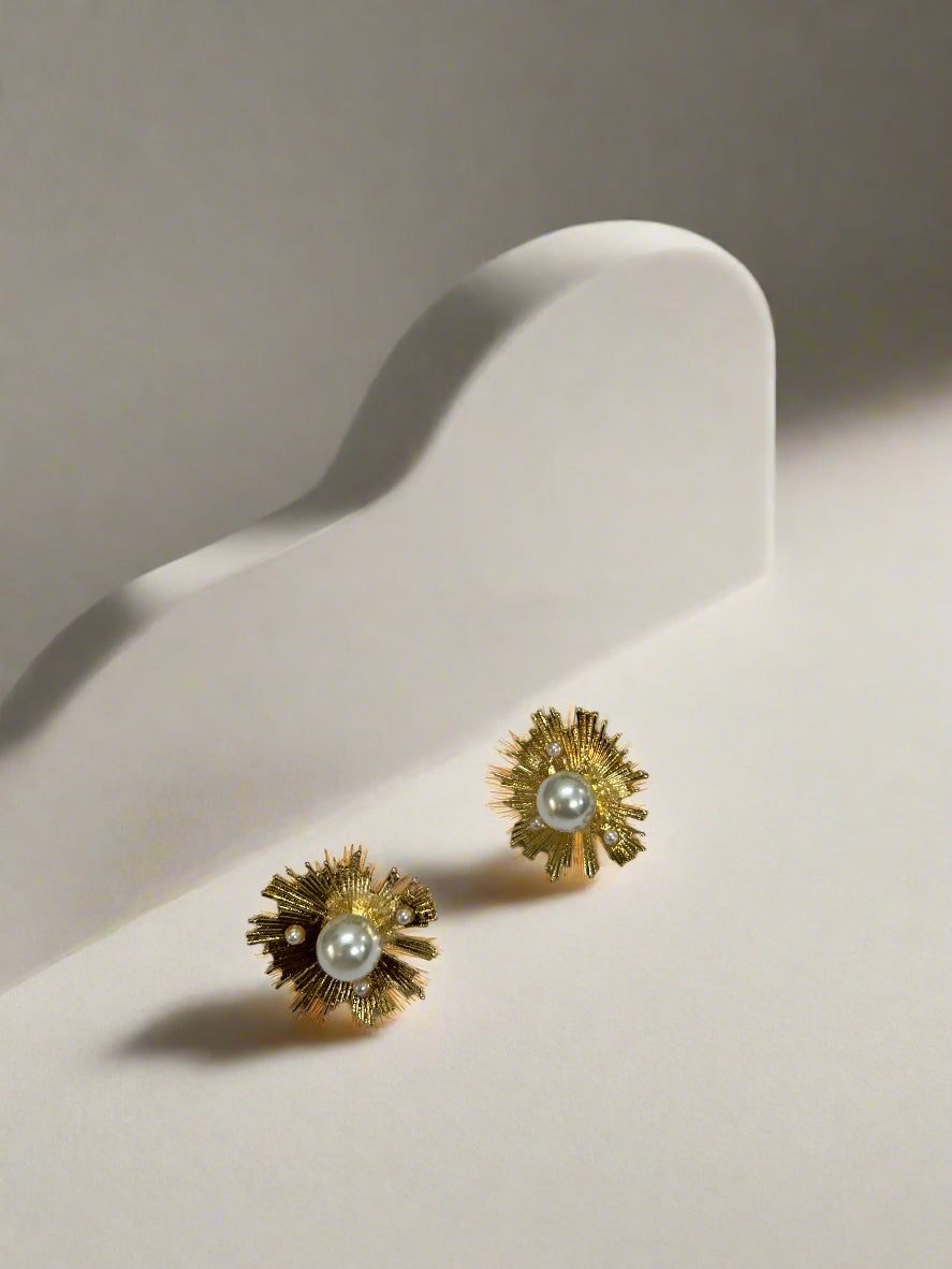 Golden Sunburst Pearl Studs – Radiance Redefined
