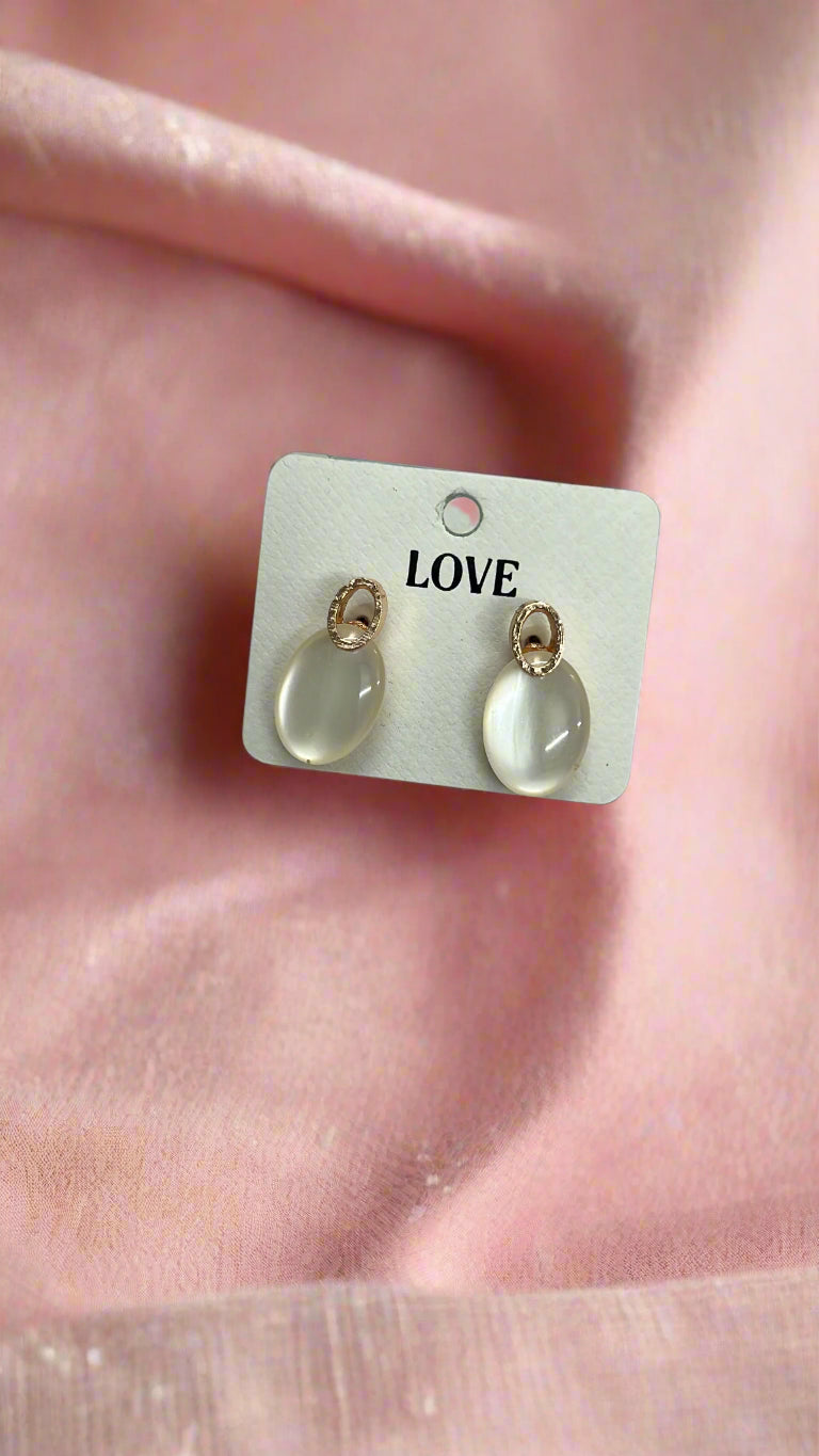 Elegant Golden White Oval Drop Earrings