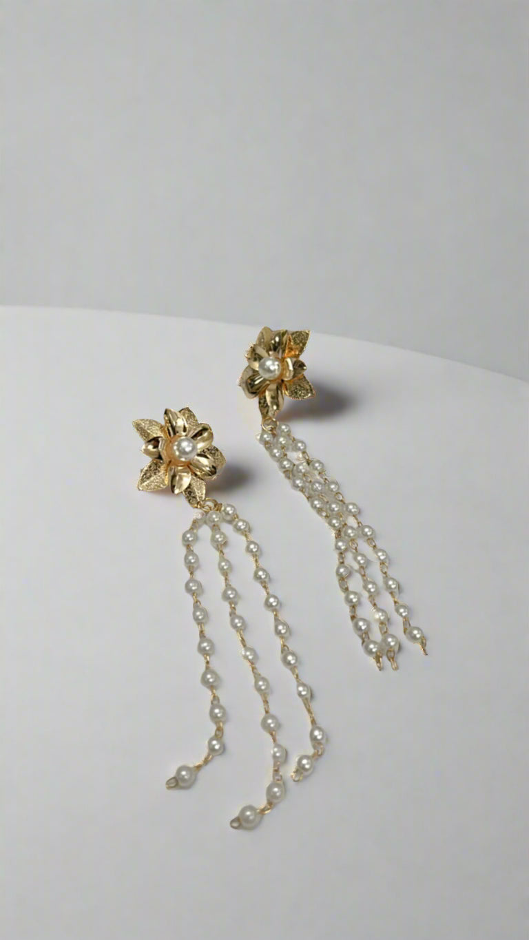 Golden Floral Pearl Cascade Earrings – Ethereal Glam
