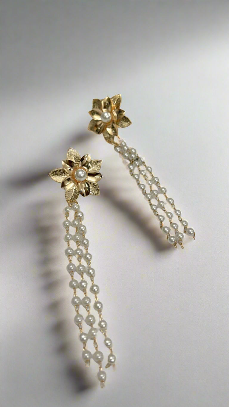 Golden Floral Pearl Cascade Earrings – Ethereal Glam