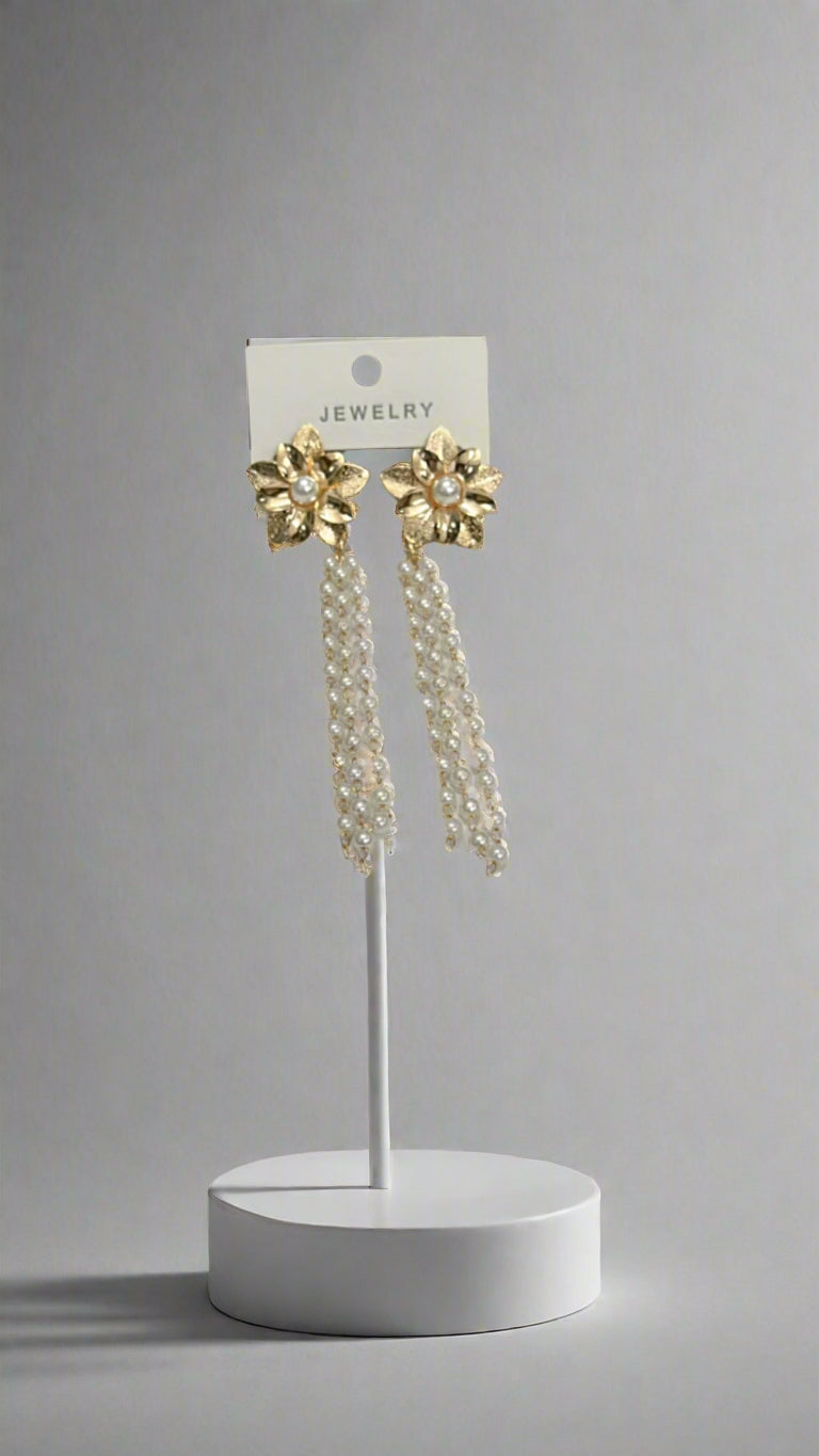 Golden Floral Pearl Cascade Earrings – Ethereal Glam