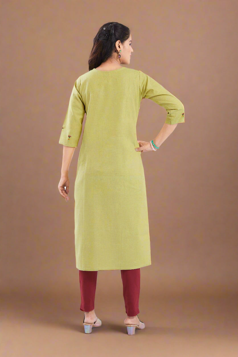 Vismi Light Green Handloom Cotton Handcrafted Floral Work Kurti