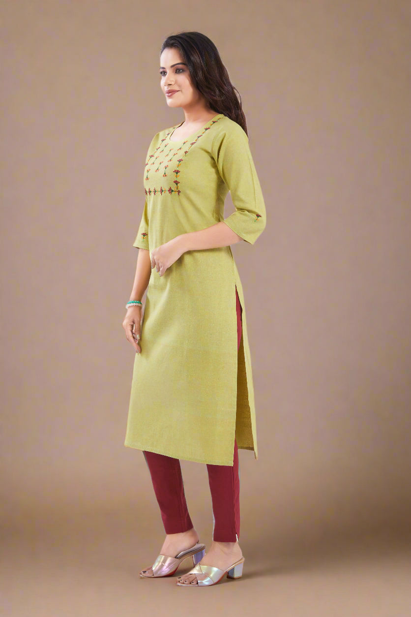 Vismi Light Green Handloom Cotton Handcrafted Floral Work Kurti