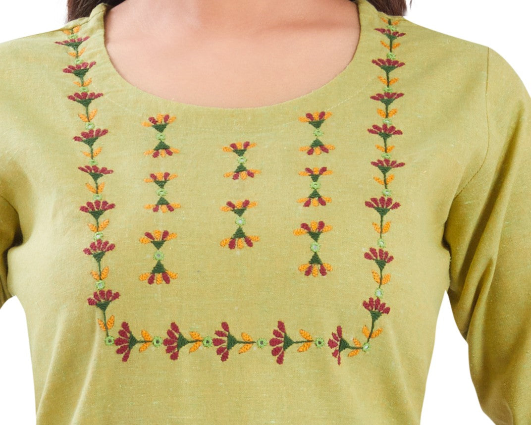 Vismi Light Green Handloom Cotton Handcrafted Floral Work Kurti