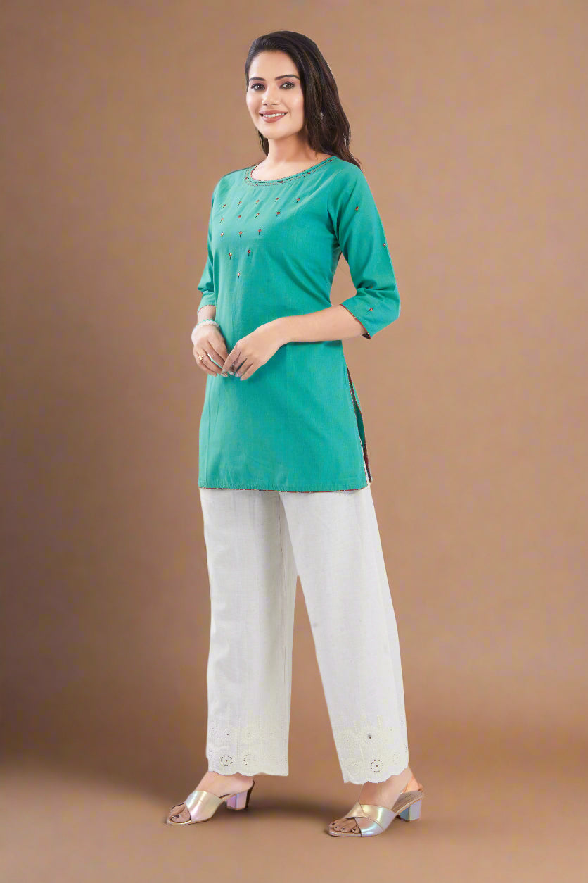 Vismi Sea Green Handloom Cotton Short Kurti for Women