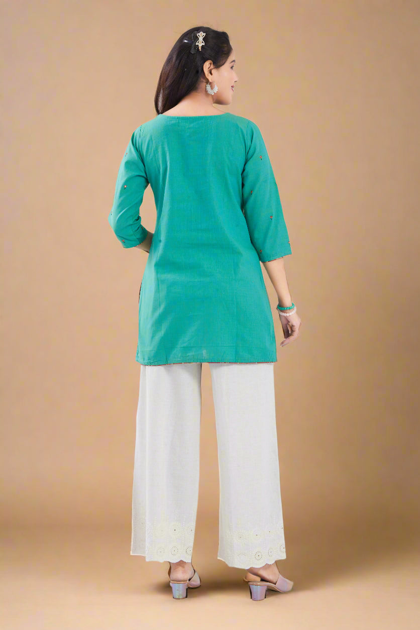 Vismi Sea Green Handloom Cotton Short Kurti for Women