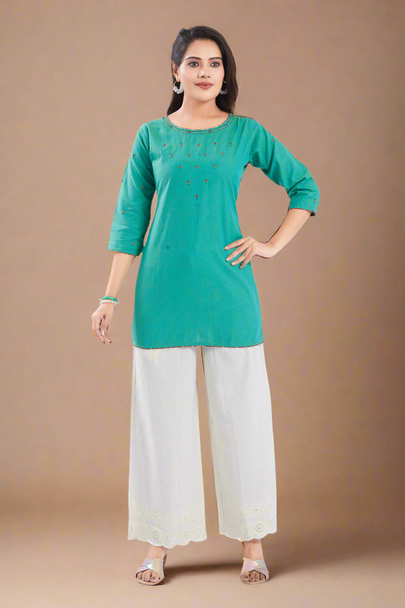 Vismi Sea Green Handloom Cotton Short Kurti for Women