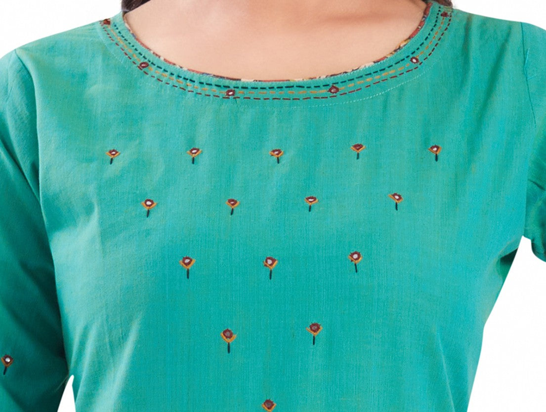 Vismi Sea Green Handloom Cotton Short Kurti for Women
