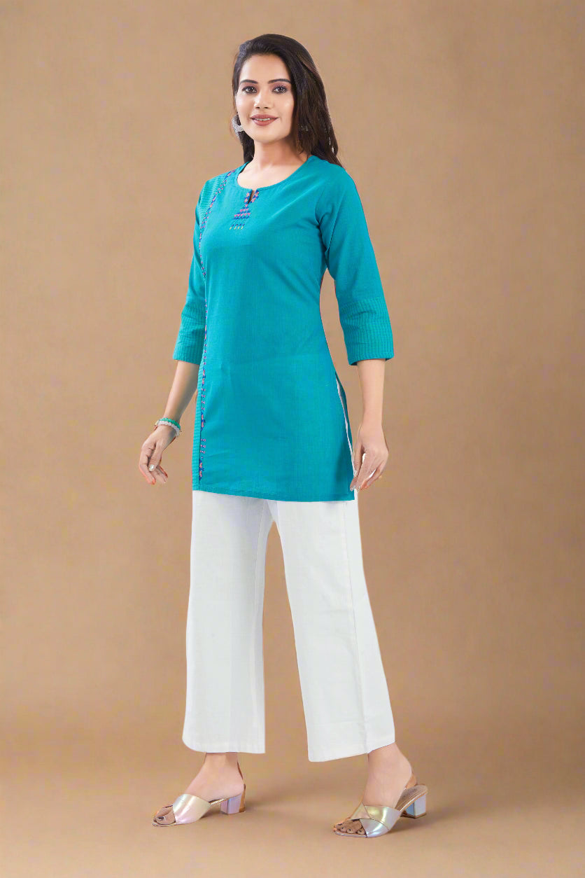 Vismi Sea Blue Handloom Cotton Short Kurti for Women