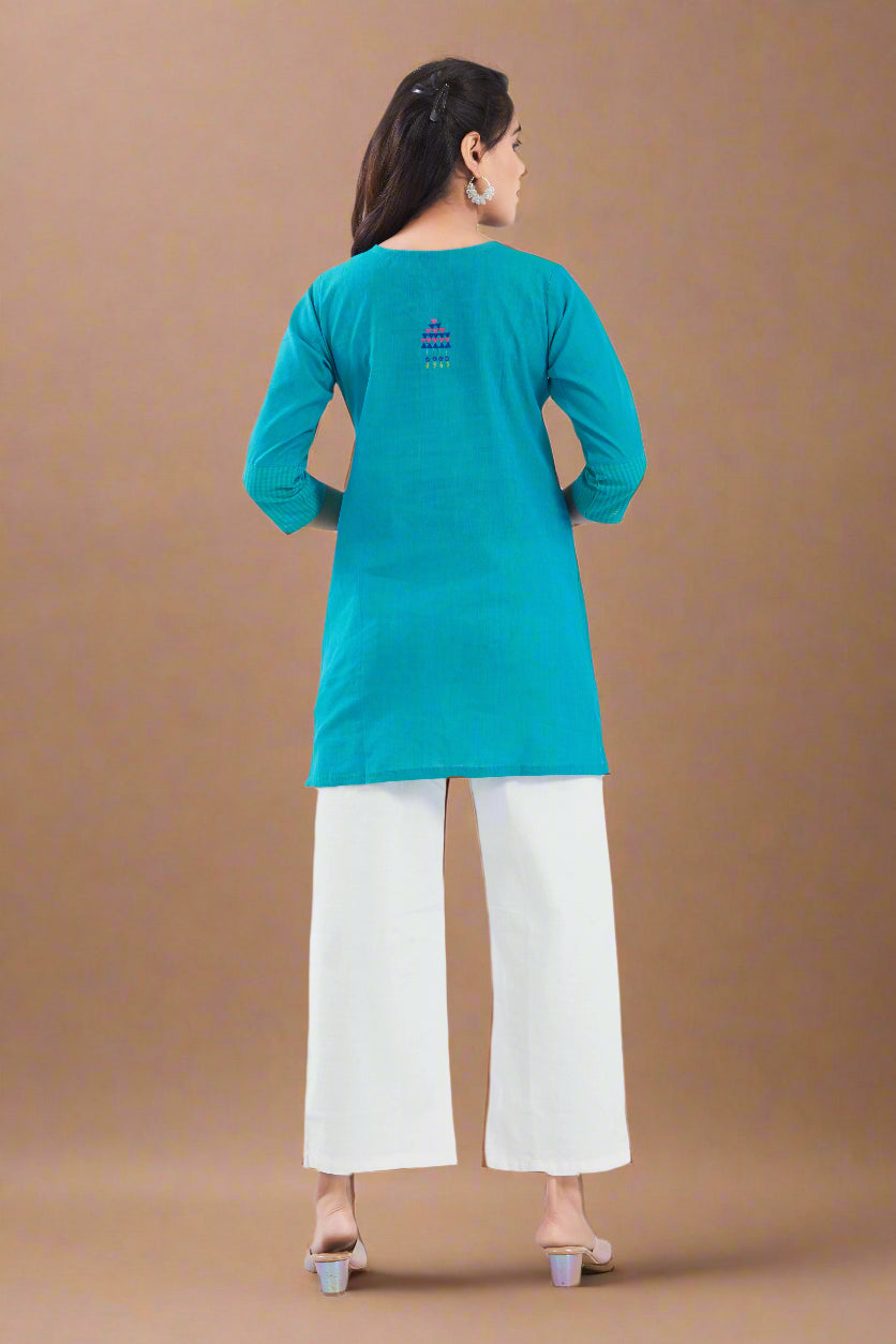 Vismi Sea Blue Handloom Cotton Short Kurti for Women