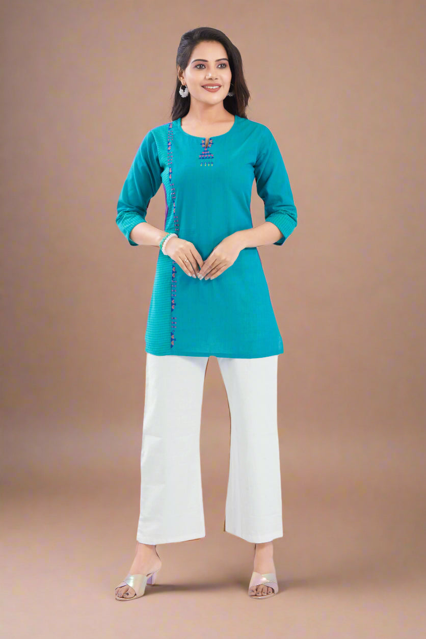 Vismi Sea Blue Handloom Cotton Short Kurti for Women