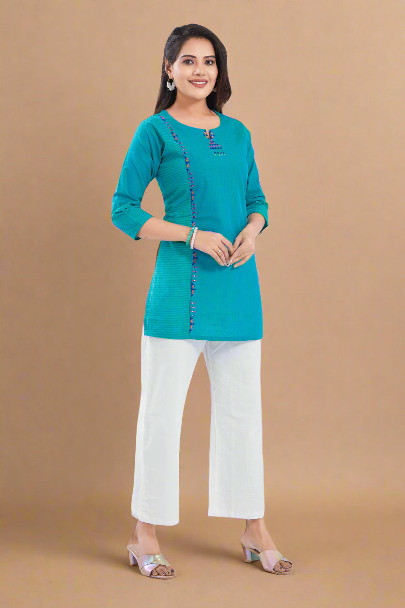 Vismi Sea Blue Handloom Cotton Short Kurti for Women
