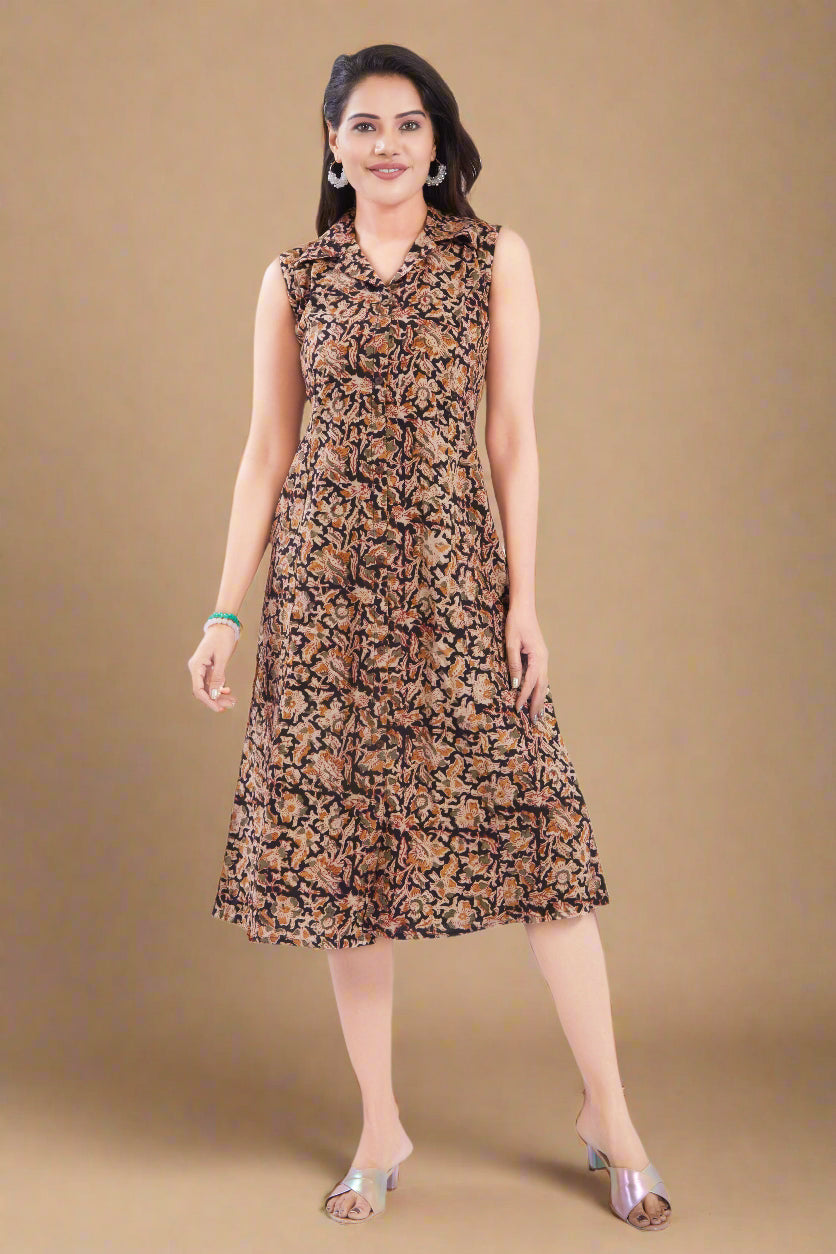 Black Cotton Kalamkari A line fit Dress for Women Black Cotton Kalamkari A line fit Dress for Women