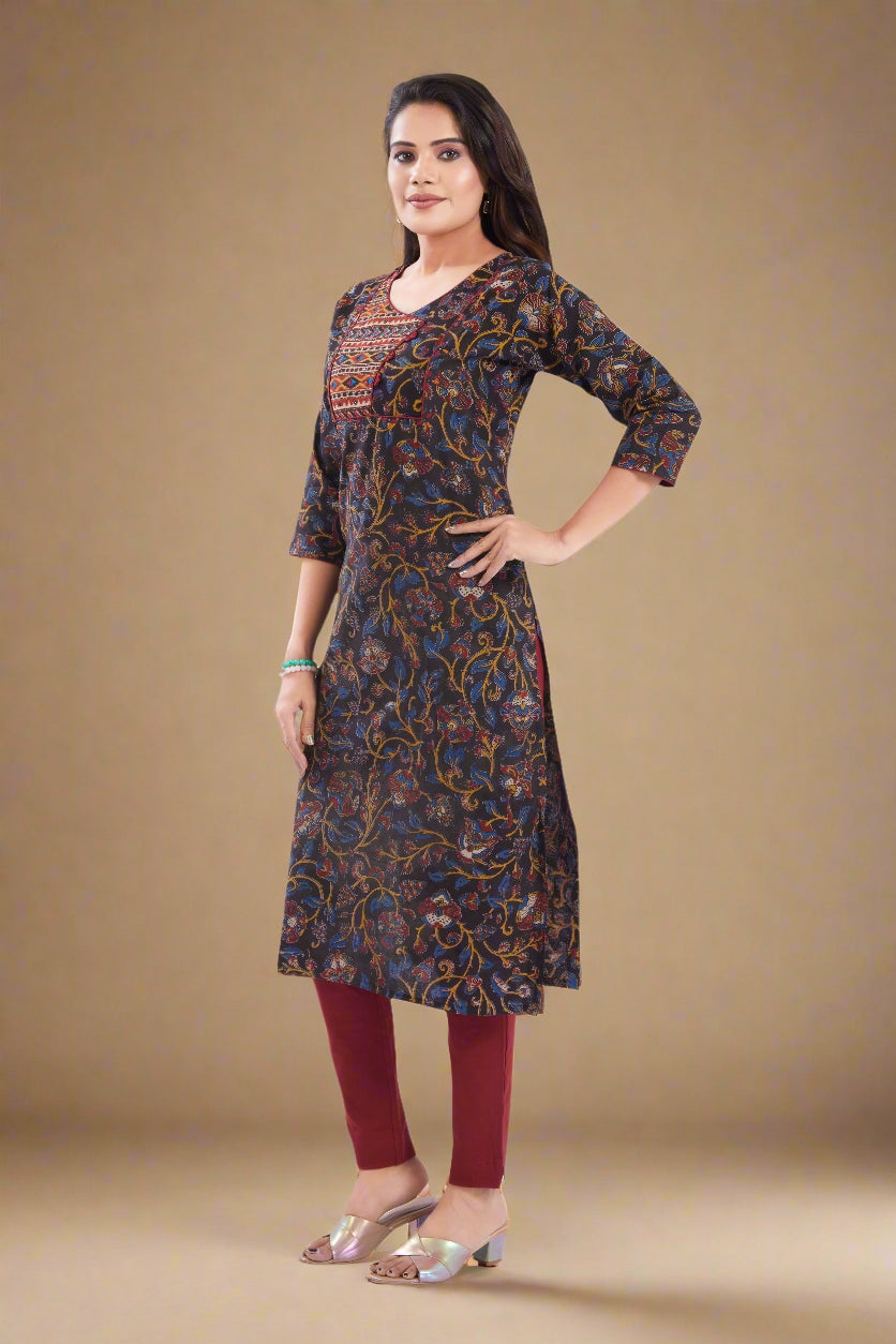 Vismi Black Sanganeri Floral Motifs Printed Kurti