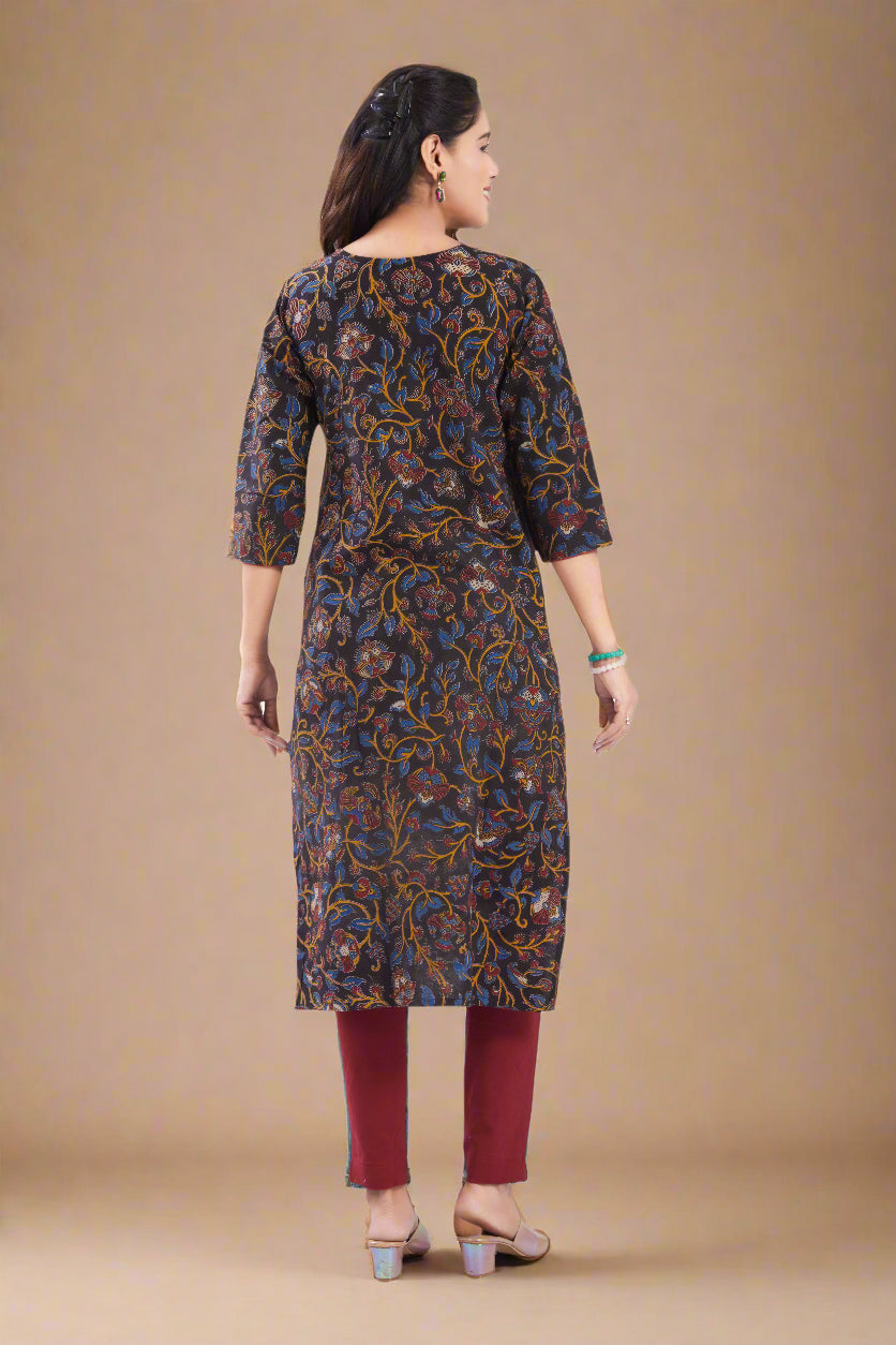 Vismi Black Sanganeri Floral Motifs Printed Kurti