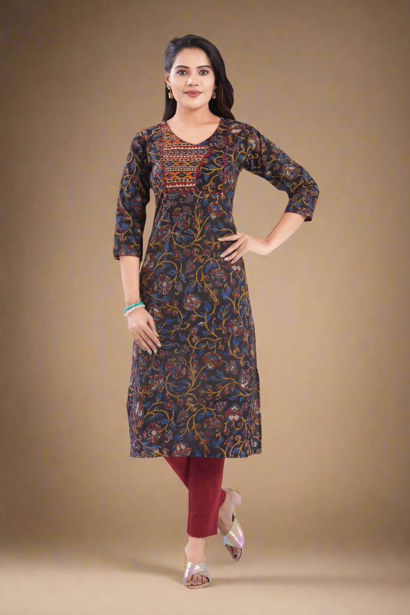 Vismi Black Sanganeri Floral Motifs Printed Kurti