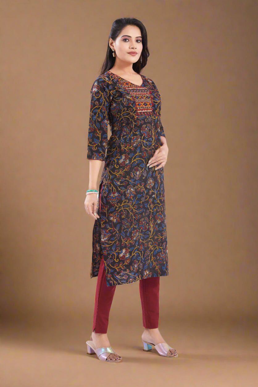 Vismi Black Sanganeri Floral Motifs Printed Kurti