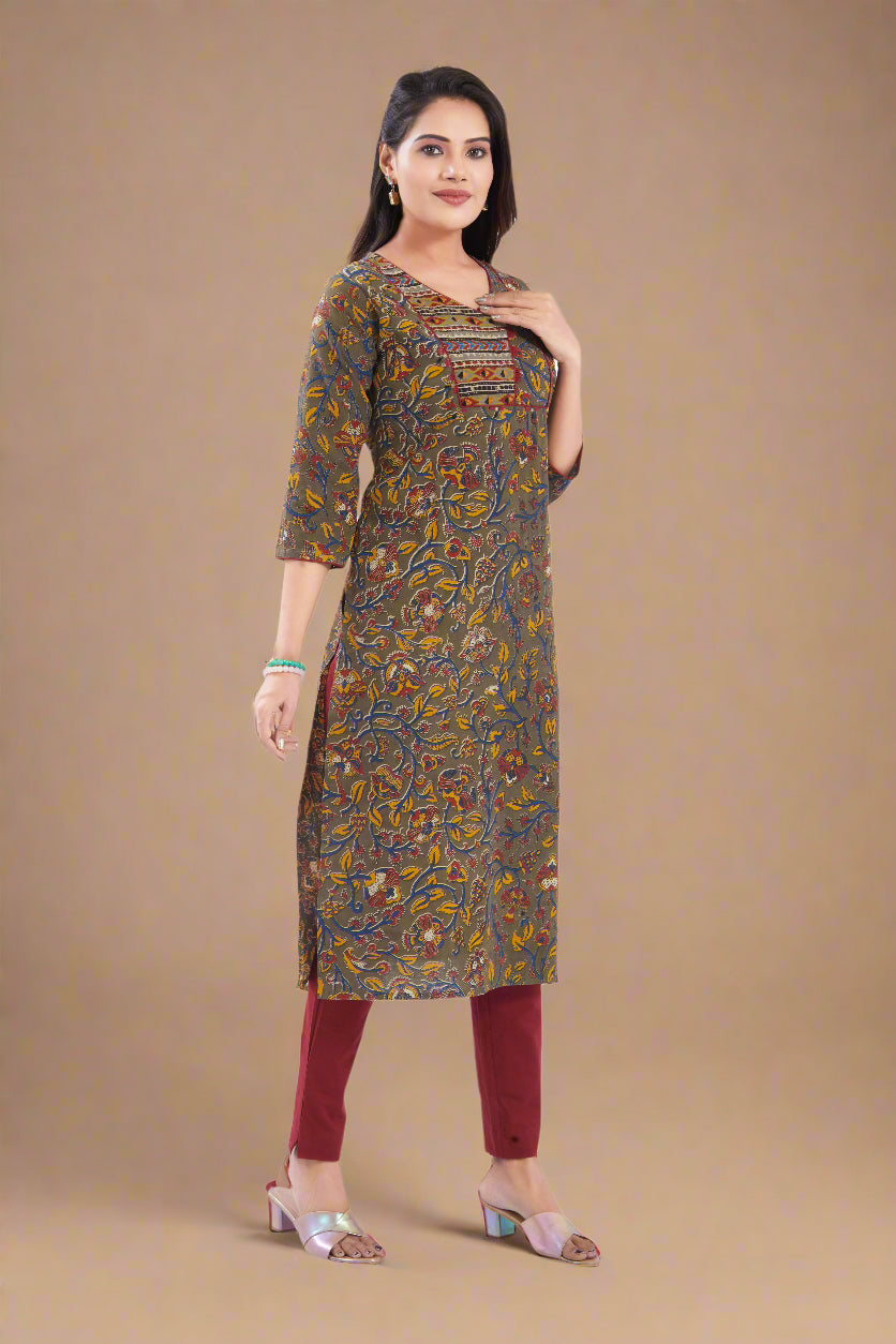 Vismi Olive Green Sanganeri Floral Motifs Printed Kurti