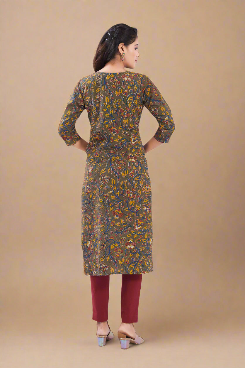 Vismi Olive Green Sanganeri Floral Motifs Printed Kurti