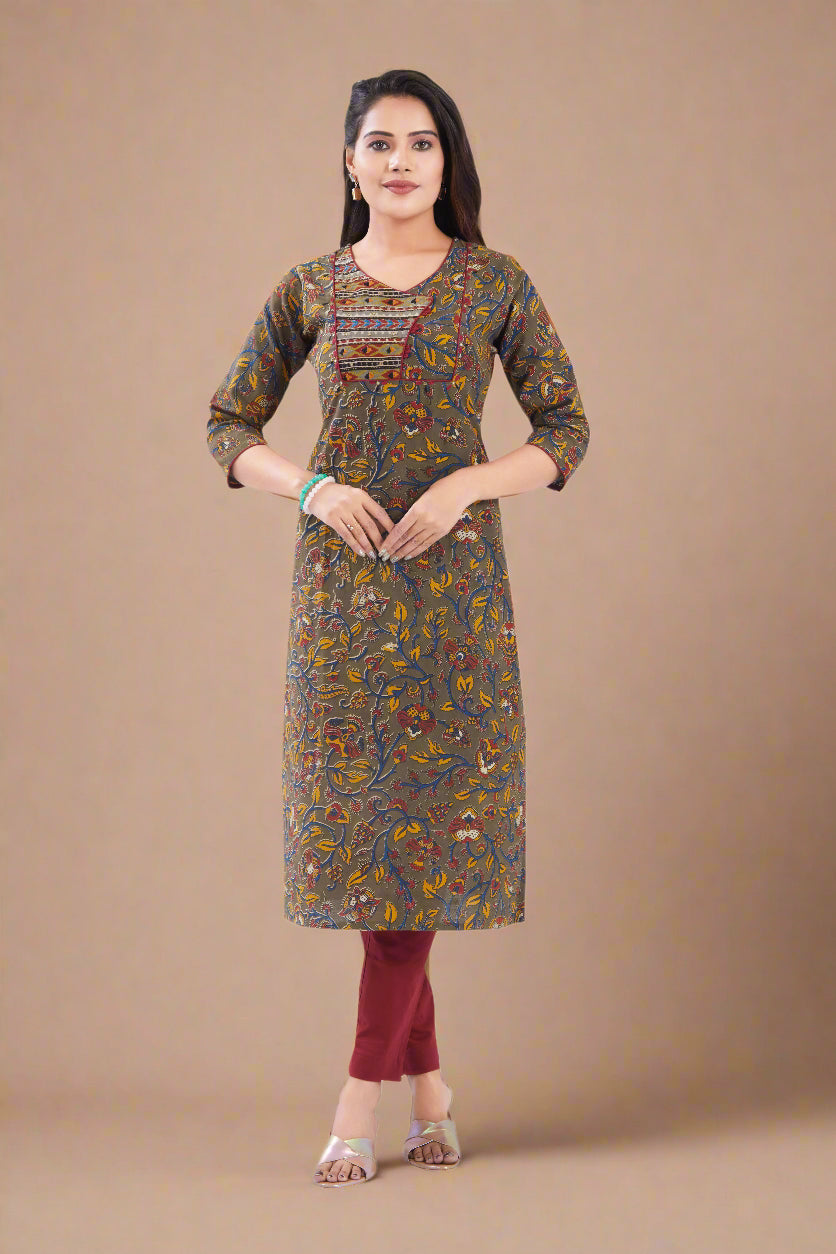 Vismi Olive Green Sanganeri Floral Motifs Printed Kurti