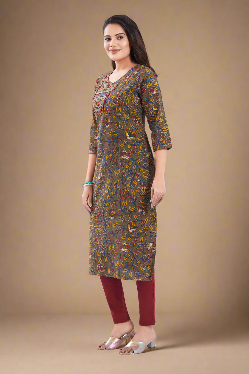 Vismi Olive Green Sanganeri Floral Motifs Printed Kurti