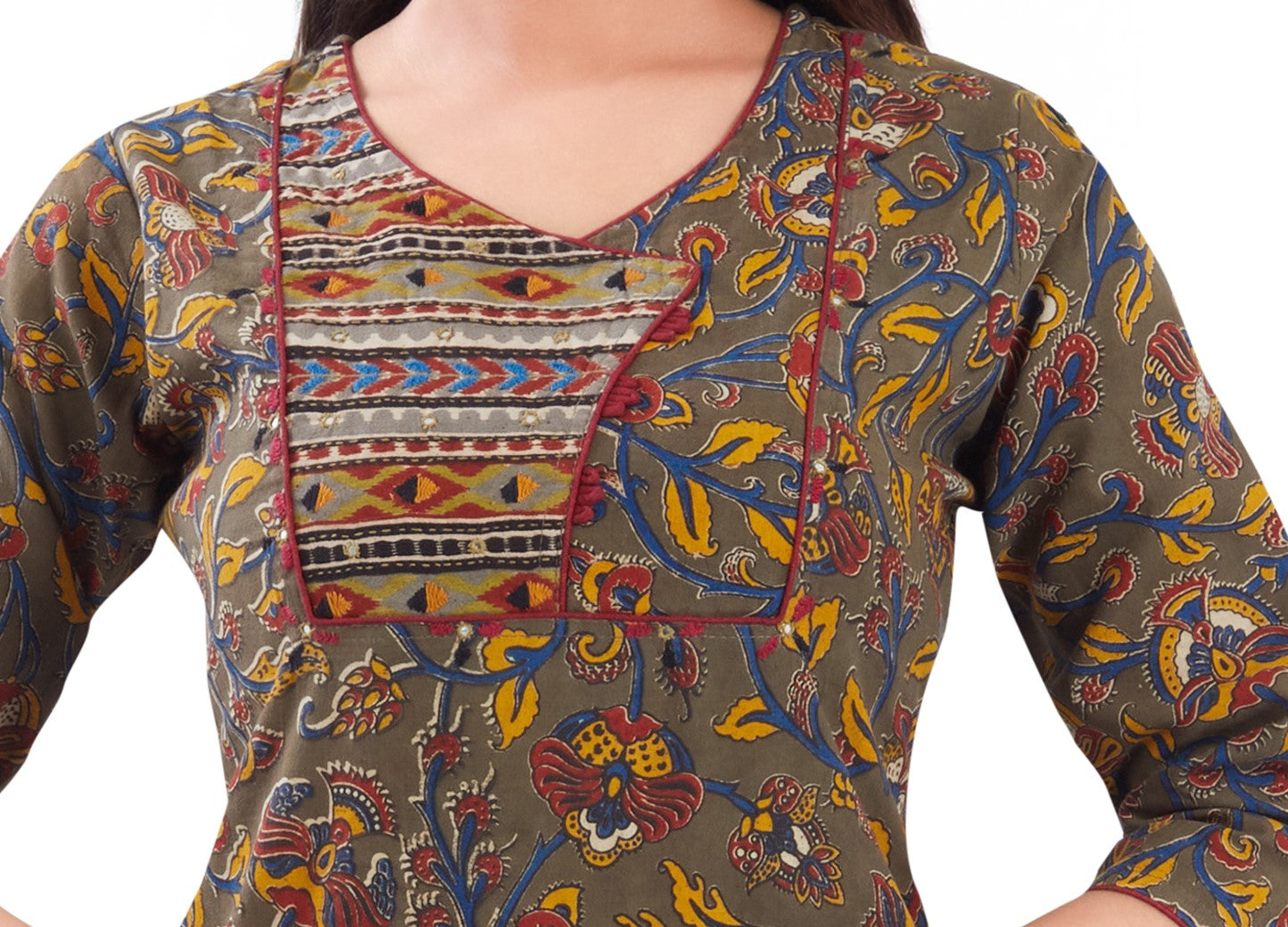 Vismi Olive Green Sanganeri Floral Motifs Printed Kurti