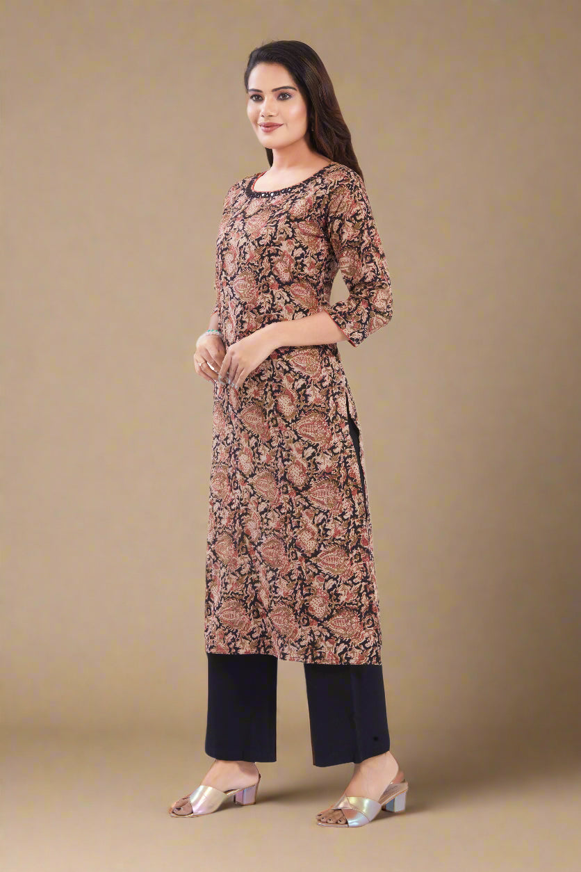Vismi Black Kalamkari Printed Cotton Kurti for Women