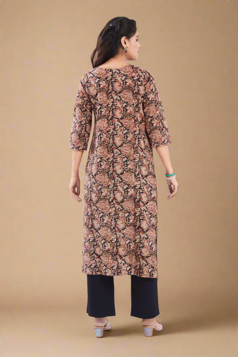 Vismi Black Kalamkari Printed Cotton Kurti for Women
