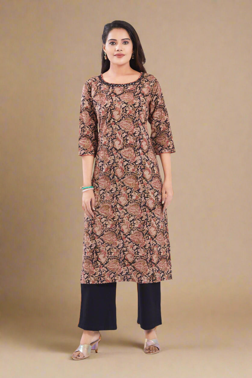 Vismi Black Kalamkari Printed Cotton Kurti for Women