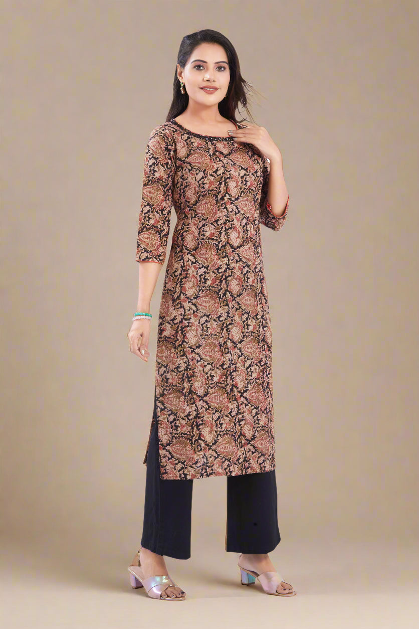 Vismi Black Kalamkari Printed Cotton Kurti for Women