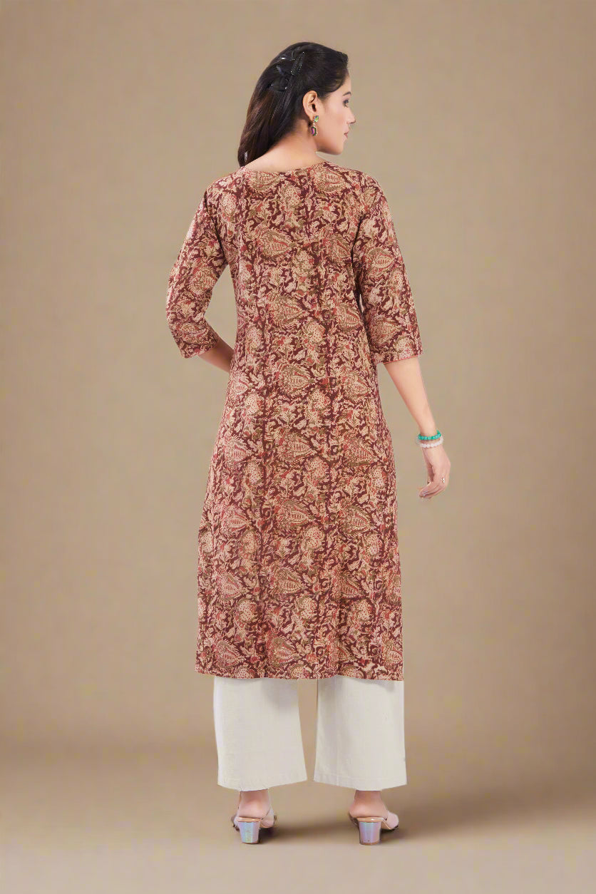 Vismi Maroon Kalamkari Printed Cotton Kurti for Women