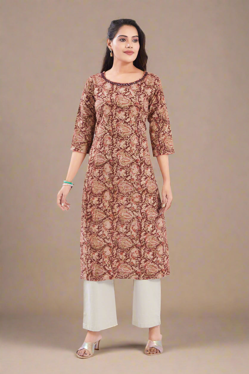 Vismi Maroon Kalamkari Printed Cotton Kurti for Women