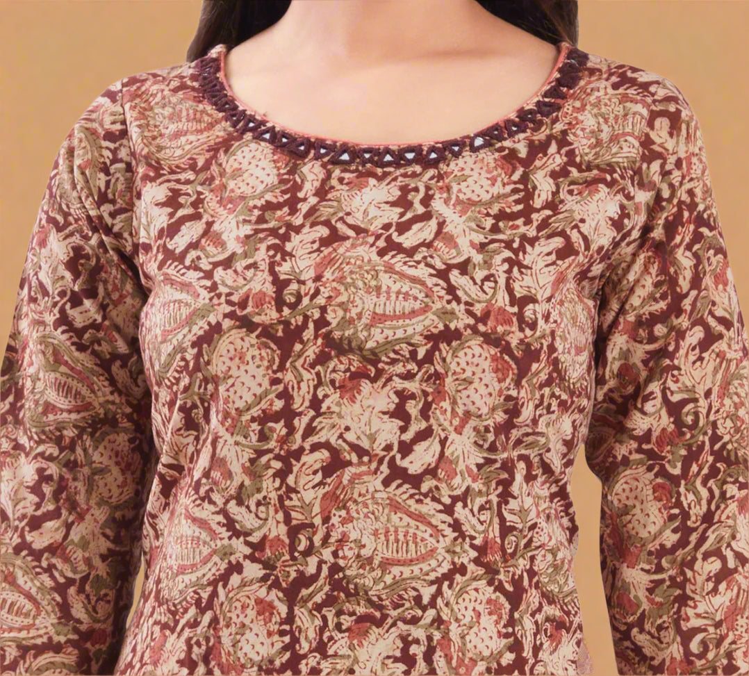 Vismi Maroon Kalamkari Printed Cotton Kurti for Women