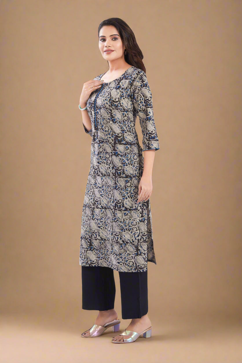 Vismi Black Kalamkari Cotton Kurti for Women