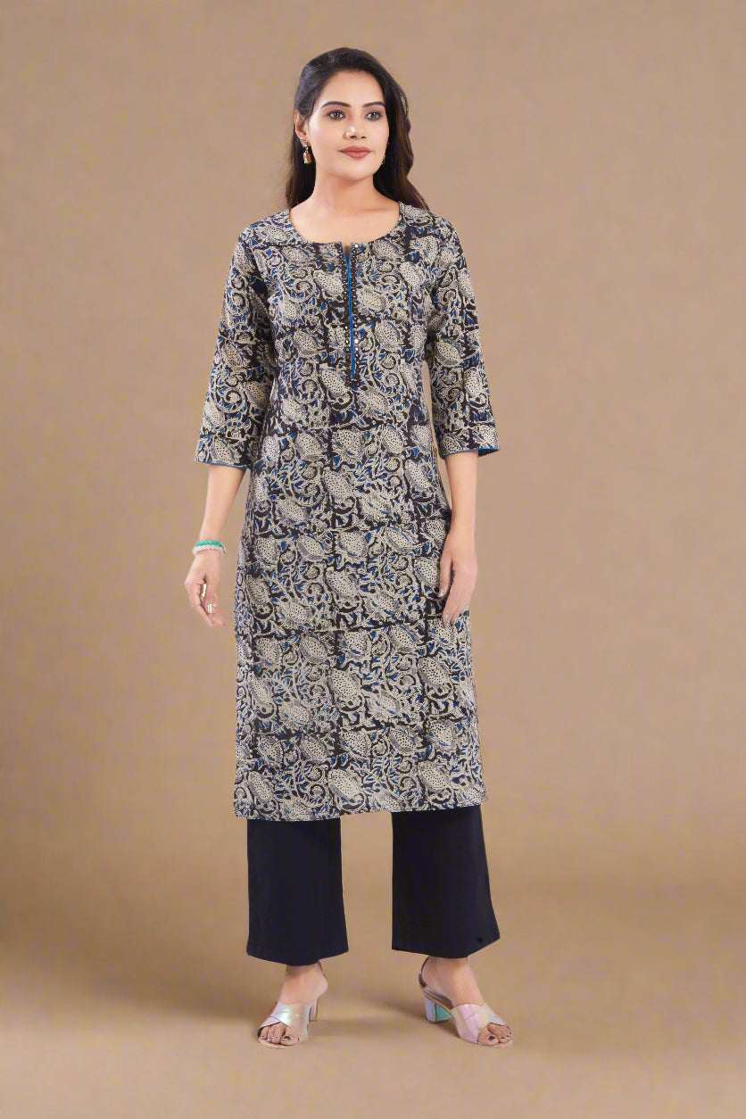 Vismi Black Kalamkari Cotton Kurti for Women