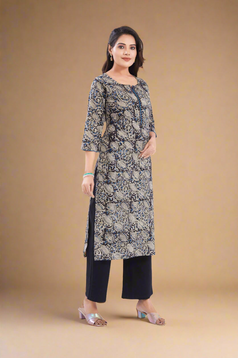 Vismi Black Kalamkari Cotton Kurti for Women