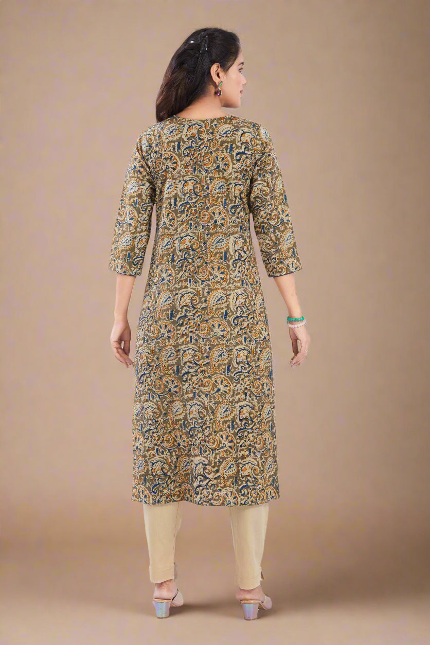Vismi Green Kalamkari Handcrafted Embroidery Kurti for Women