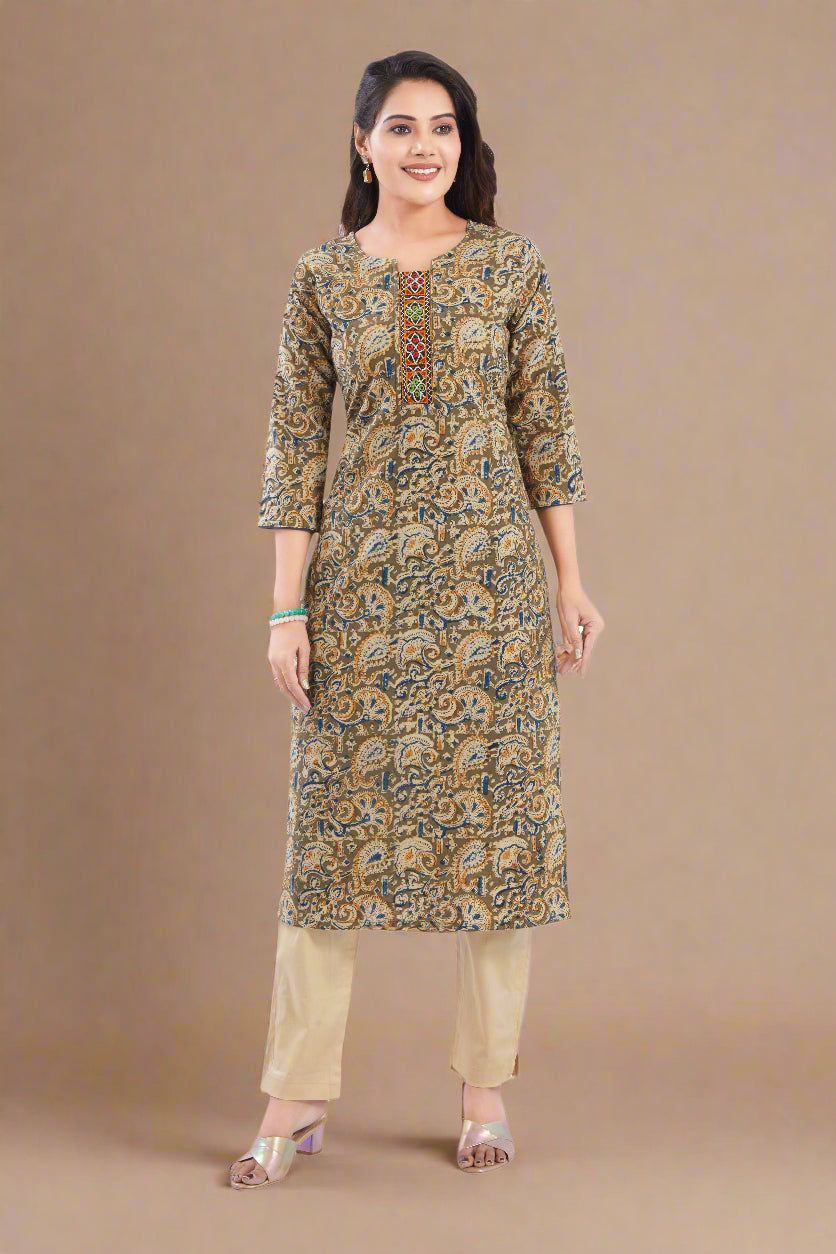 Vismi Green Kalamkari Handcrafted Embroidery Kurti for Women