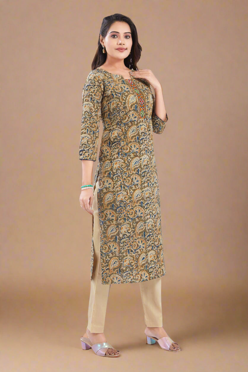 Vismi Green Kalamkari Handcrafted Embroidery Kurti for Women