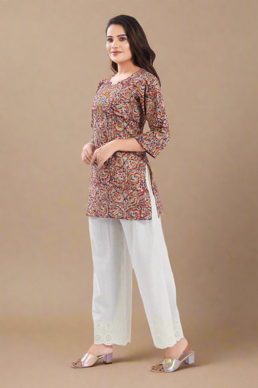 Vismi Maroon Cotton Handcrafted Kamlakari Short Kurti for Women
