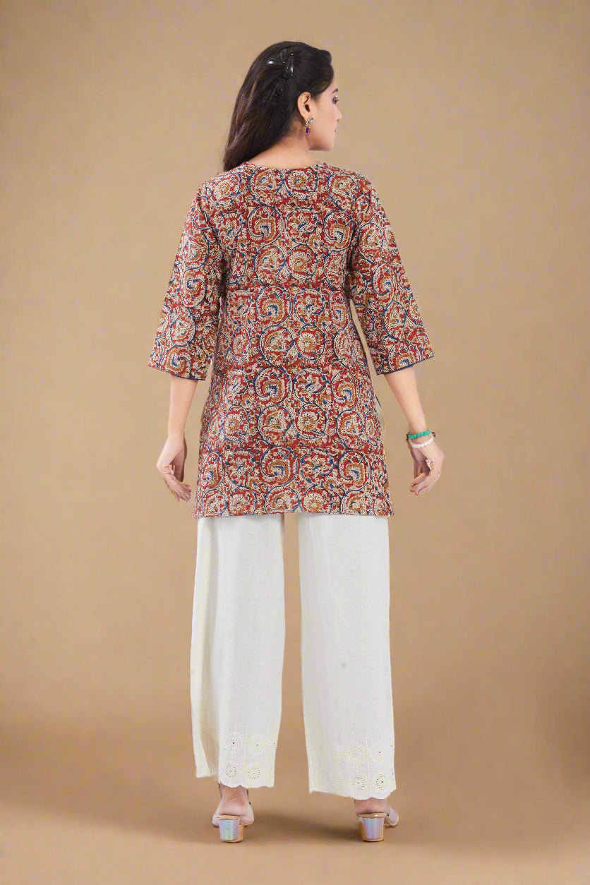 Vismi Maroon Cotton Handcrafted Kamlakari Short Kurti for Women