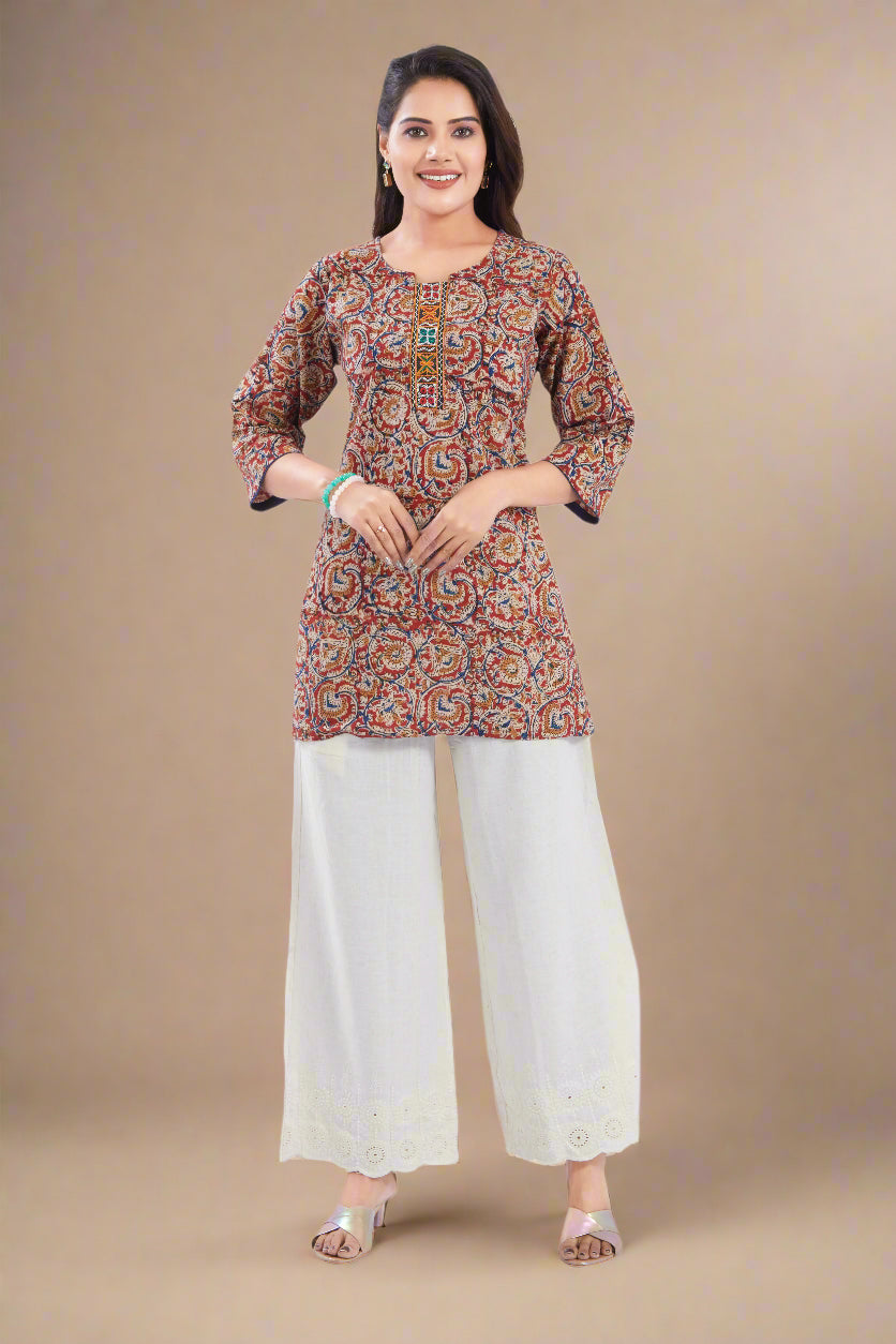 Vismi Maroon Cotton Handcrafted Kamlakari Short Kurti for Women